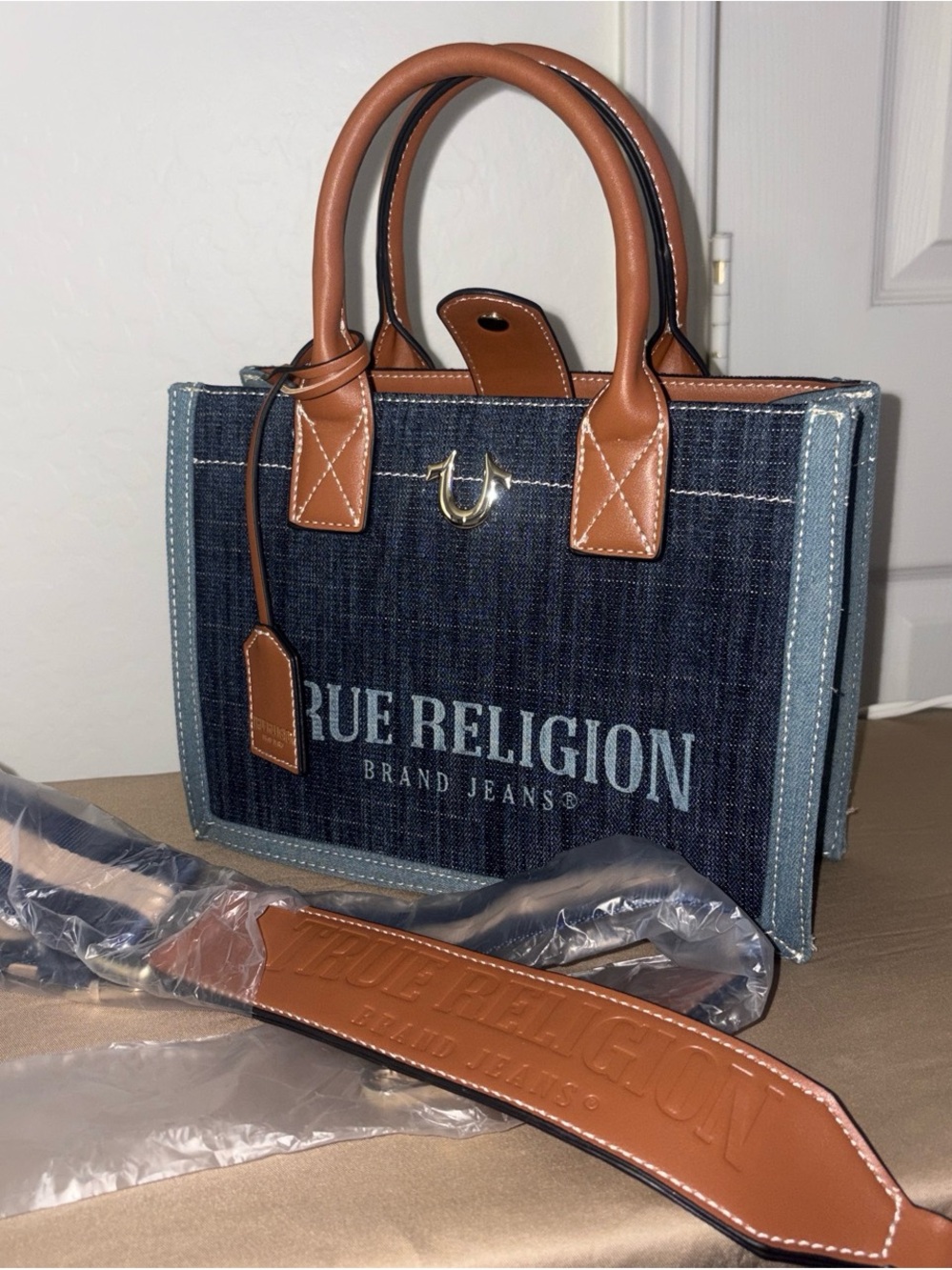 True Religion Denim & Tan Leather Top-Handle/Crossbody Tote